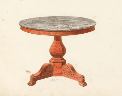 Design for a table, drawing, album page, Design for a table with a carved mahogany base and a round