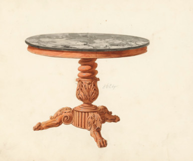 Design for a table, drawing, album page, Design for a table with a sculpted mahogany base and a