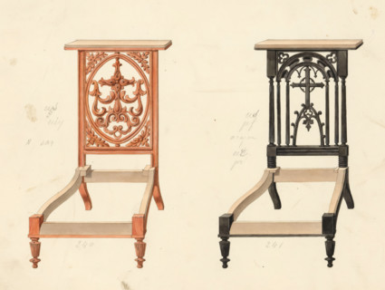 Two designs for prie-dieus, drawing, album page, Two designs for prie-dieus (prayer chairs) in two