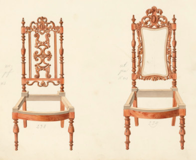 Two designs for chairs, drawing, album page, Two designs for chairs without (seat) upholstery, one