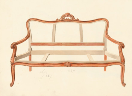 Design for a Louis XV-style sofa, drawing, album page, Design for a sofa decorated with wood