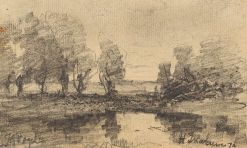 Trees along a waterfront at Hooge Zwaluwe, drawing, date and inscription: 'H Zwaluwe 70', draftsman