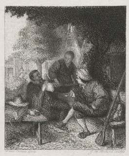 Resting travelers, print, printmaker: Johannes Arnoldus Boland, Amsterdam, after painting by