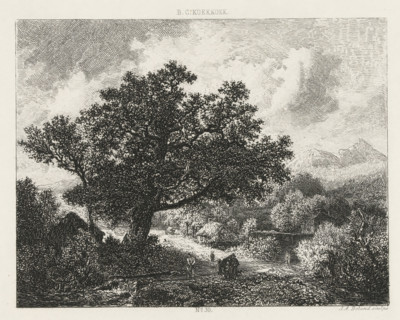 Landscape with a large tree by a brook, print, Series number, 30, printmaker: Johannes Arnoldus