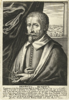 Portrait of Hendrik Hondius, Henricus Hondius, print, A rectangular self-portrait of Hendrik
