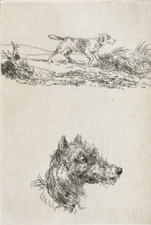 Dog's head and dog in landscape, print, printmaker: Guillaume Anne van der Brugghen, Netherlands,