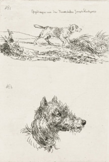 Dog's head and dog in landscape, print, printmaker: Guillaume Anne van der Brugghen, Netherlands,