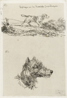 Dog's head and dog in landscape, print, printmaker: Guillaume Anne van der Brugghen, The Hague,