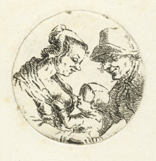 Farmer and farmer's wife with child (version 2), print, Portrait in a round frame of an unknown