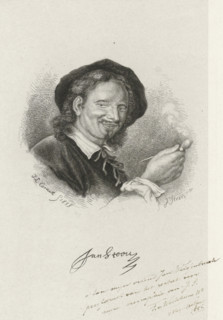 Portrait of Jan Steen, print, Portrait of the painter Jan Steen. Steen is wearing a hat and holding