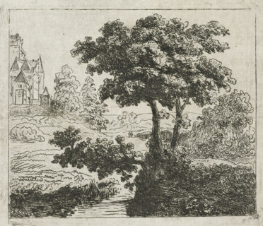 Landscape with church on a hill, print, printmaker: Johannes Adrianus van der Drift, Netherlands,