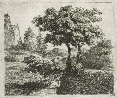 Landscape with church on a hill, print, printmaker: Johannes Adrianus van der Drift, Netherlands,