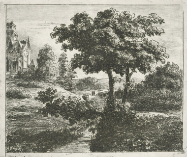 Landscape with church on a hill, print, printmaker: Johannes Adrianus van der Drift, Netherlands,
