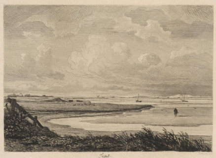 Texel, Six etching proofs, print, View of a bay on the coast of Texel with a mudflat walker. Across