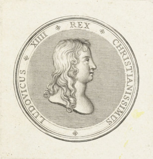 Coin with bust of Louis XIV, print, Obverse of a coin with bust in profile of Louis XIV, first
