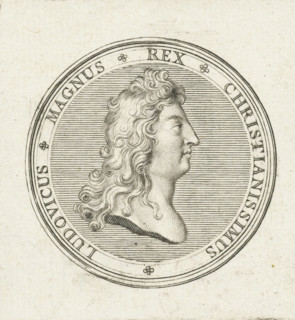 Coin with bust of Louis XIV, print, Obverse of a coin with bust in profile of Louis XIV.,