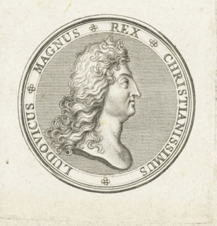 Coin with bust of Louis XIV, print, Obverse of a coin with bust in profile of Louis XIV.,