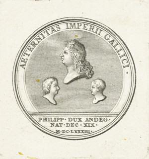 Coin with three busts, print, Reverse of a coin with three busts in profile, the top one is Louis
