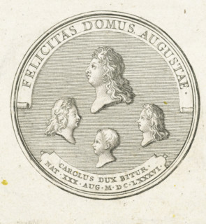 Coin with four busts, print, Reverse of a coin with four busts in profile. The top one is Louis of