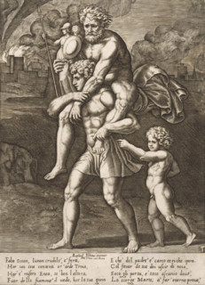 Aeneas and his family flee from Troy, print, Aeneas walks with his father Anchises on his back. In