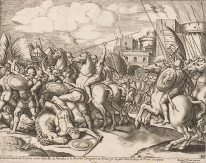 Victory of Scipio over King Syphax, print, A battle with soldiers on foot and on horseback. On the
