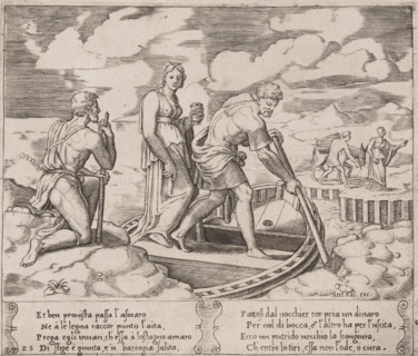 Psyche in Charon's Ferry, Story of Amor and Psyche, print, Series number, 25, 32, Psyche stands in
