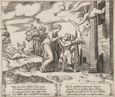 Psyche opens the jar with Proserpina's beauty, Story of Amor and Psyche, print, Series number, 28,