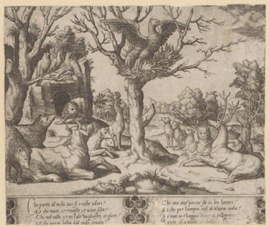 Phoenix, print, A self-immolating phoenix in a tree, surrounded by other animals including bears,
