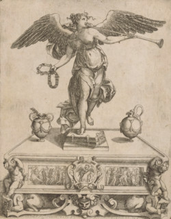 Fame, print, Fame as a winged female figure, standing on two books and blowing a trumpet. In her