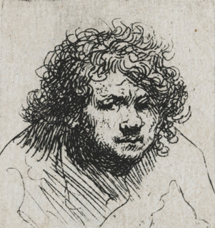 Self-portrait leaning forward: bust, print, printmaker: Rembrandt van Rijn, c. 1629, paper,