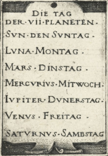 Title page with list of seven days and the corresponding planets, Seven planets and constellations,
