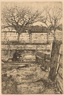 Man in a rowboat, probably at the Slatuinen in Amsterdam, print, In the background a wooden fence