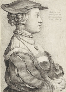 Portrait of a woman with a bonnet, in profile, Portrait of Anna of Cleves (?), print, printmaker: