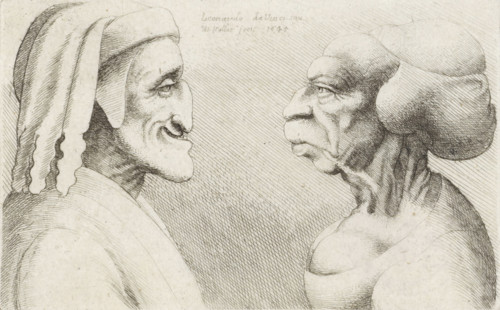 Deformed caricature heads of a man with a cap (Dante?) and a woman, Caricatures, heads and