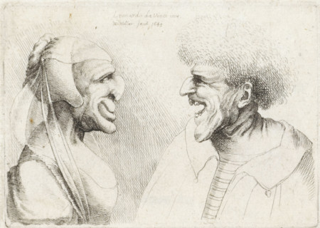 Deformed heads of a laughing man and woman with a head covering, Caricatures, heads and deformities