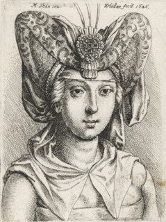 Portrait of woman with V-shaped bourrelet on the head, print, printmaker: Wenceslaus Hollar,