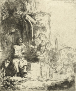 Christ and the woman of Samaria among ruins, print, printmaker, after print by, Rembrandt van Rijn,
