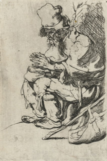 Beggar seated warming his hands at a chafing dish, print, printmaker, after print by, Rembrandt van