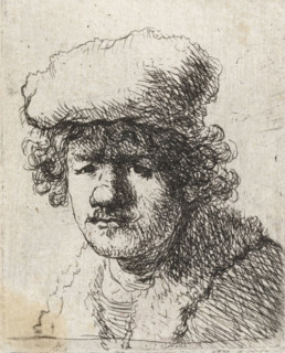 Self-portrait with cap pulled forward, print, printmaker, after print by, Rembrandt van Rijn,