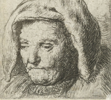 The artist's mother in a cloth headdress, looking down: head only, print, printmaker, after print