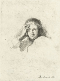 Three heads of women, one lightly etched, print, printmaker, after print by, Rembrandt van Rijn,