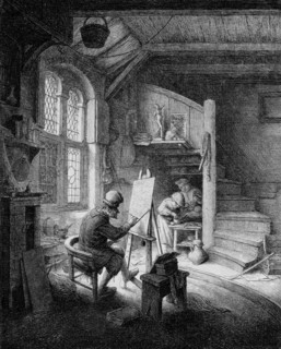 Painter in his studio, print, Painter at work in his studio, he sits behind his easel by the window