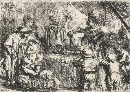 Magician under a parasol, print, A magician or quack standing under a parasol by a table with