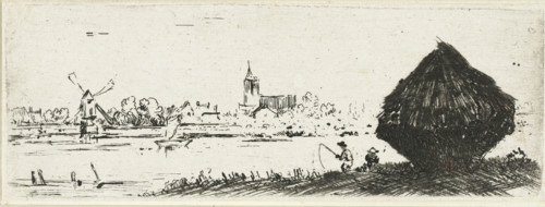 Landscape with haystack, print, A village with a church and mill by the water, in the foreground a
