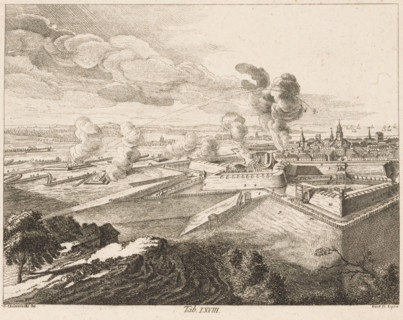 Bombardment of a fortified city, print, printmaker: Christoph Wilhelm Bock, Leipzig, after drawing