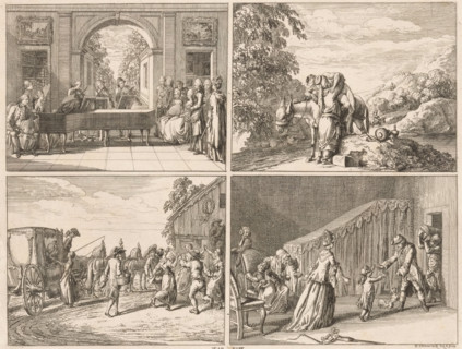 Human Pleasures, print, Four scenes depicting human pleasures. Above, a musical group (as an