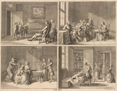 Human character traits, print, Four scenes depicting human character traits. Above: three boys