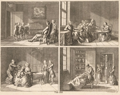 Human character traits, print, Four scenes depicting human character traits. Above: three boys