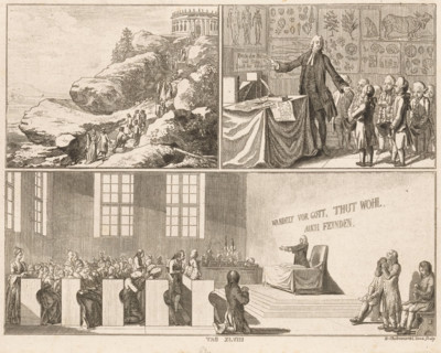 Effects of religion, print, Three depictions illustrating the effects of religion. Top left, a