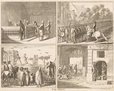 Public punishments, print, Four depictions of public punishments. Top left: a courtroom where a